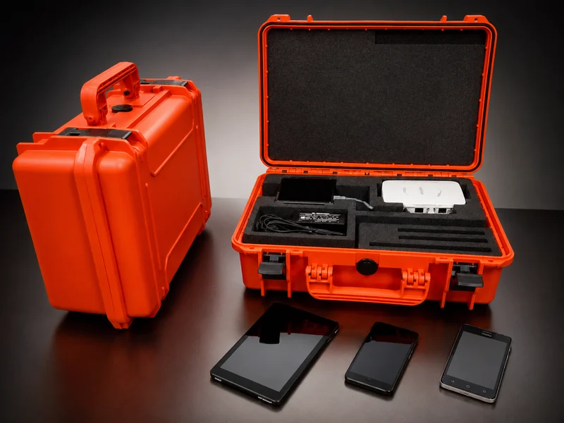 The Vicino AI field unit — a rugged, self-contained communication kit shown open, with tablets and phones alongside.